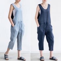Fashion Solid Color Sleeveless Round Neck Loose Jumpsuit 