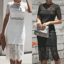 Sexy Short Sleeve Round Neck SLim Fit Hollow Out Lace Dress