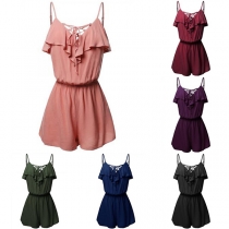 Sexy Backless Elastic Waist Solid Color Ruffle Sling Romper