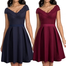 Elegant Solid Color Short Sleeve Lace Spliced V-neck Dress