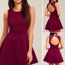 Sexy Lace Spliced Bakcless Sleeveless Round Neck Solid Color Dress