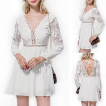 Sexy Backless V-neck Lace Spliced Long Sleeve Solid Color Dress