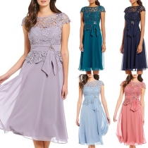 Elegant Solid Color Short Sleeve High Waist Lace Spliced Dress