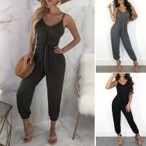 Sexy V-neck Lace-up High Waist Solid Color Sling Jumpsuit
