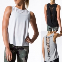Sexy Hollow Out Sleeveless Round Neck Solid Color T-shirt 