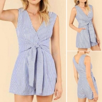 Sexy Deep V-neck Sleeveless Lace-up Striped Romper