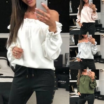 Sexy Off-shoulder Boat Neck Long Sleeve Solid Color Top 