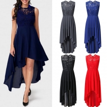 Elegant Solid Color Sleeveless High-low Hem Lace Spliced Dress