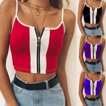 Sexy Backless Contrast Color Front-zipper Cami Top