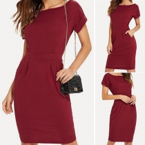 Fashion Solid Color Round-neck Short Sleeve Side Pockets Dress