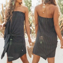 Fashion Boat-neck Off-shoulder Backless Bowknot Waistband Vertical Striped Dress