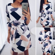 Fashion Round-neck Long Sleeve Printed Pattern with Waistband Slim Fit Dress