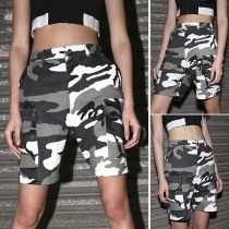 Fashion Contrast Color High Waist Side Pockets Camouflage Shorts 