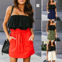 Fashion Solid Color Lotus Hem Side Pockets with Waistband Skirt