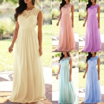 Elegant Solid Color Sleeveless Round Neck Lace Spliced Dress