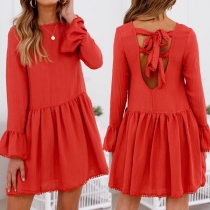 Sexy Lace-up Backless Trumpet Sleeve Solid Color Dress