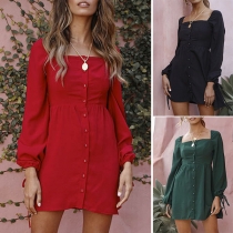 Fashion Solid Color Long Sleeve Square Collar Single-breasted Dress