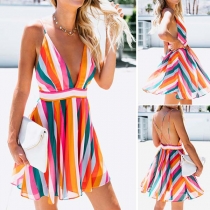 Sexy Backless Deep V-neck Colorful Striped Sling Dress