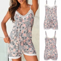 Sexy Backless Drawstring Waist Lace Spliced Printed Sling Romper