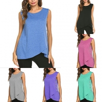 Fashion Solid Color Sleeveless Round Neck Irregular Hem T-shirt