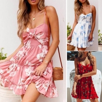 Sexy Backless Knotted Sling Printed Dress