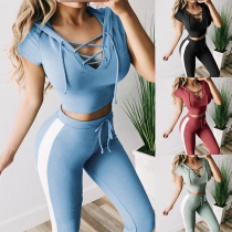 Sexy Lace-up V-neck Hooded Crop Top + High Waist Leggings Two-piece Set 
