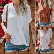 Fashion Solid Color Short Sleeve Crossover V-neck Chiffon Blouse