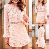 Sweet Style Long Sleeve Round Neck Slim Fit Lace Dress