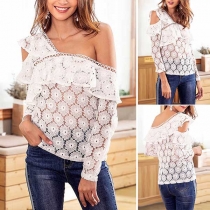 Sexy Off-shoulder Long Sleeve Ruffle Hollow Out Lace Top