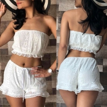 Sexy Solid Color Bandeau Top + Shorts Lace two-piece Set 