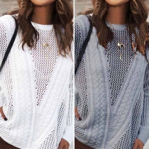 Fashion Solid Color Long Sleeve Round Neck Hollow Out Sweater 