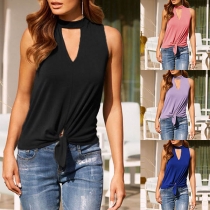 Sexy High Neck Cutout Solid Color Self-tie Sleeveless Top