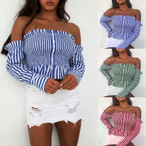 Sexy Off-the-shoulder Button-front Pleated Stripe Long Sleeve Top