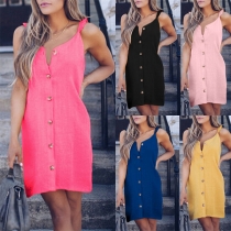 Sexy V-neck Button Front Solid Color Sleeveless Dress