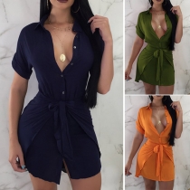 Fashion Solid Color Button-front Dolman Sleeve Self-tie Shirt Dress
