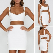 Sexy Scroop Neck Cami Top+High Waist Side Metal buckle Skirt Two Pieces Set
