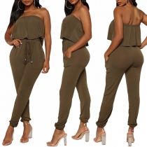 Sexy Strapless High Waist Solid Color Jumpsuit 