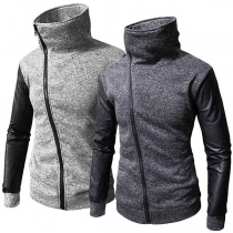 Fashion PU Leather Spliced Long Sleeve Stand Collar Oblique Zipper Men's Sweatshirt Coat 