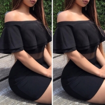 Sexy Ruffle Boat Neck High Waist Solid Color Tight Dress