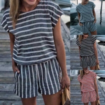 Sexy Backless Short Sleeve Round Neck Striped Romper