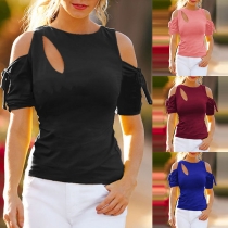 Sexy Off-shoulder Short Sleeve Round Neck Solid Color T-shirt 
