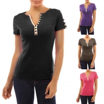 Fashion Solid Color Short Sleeve V-neck T-shirt 