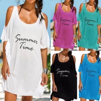 Sexy Off-shoulder Short Sleeve Letters Printed Loose Dress