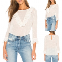 Fashion Round-neck Lotus Spliced Long Sleeve Wave Points Shirt