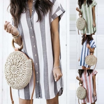Fashion Short Sleeve POLO Collar Striped Shirt Dress
