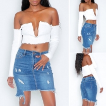 Fashion High Waist Irregular Hem Ripped Denim Skirt 
