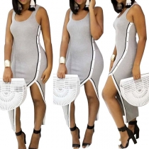 Fashion Round-neck Solid Color Sleeveless Side Split Dress