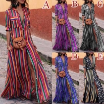 Fashion Lapel Short Sleeve Single-breasted Colorful Striped Dress