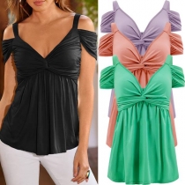 Fashion Deep V-neck Backless Off-shoulder Twist Pleated Hem Shirt