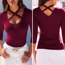 Fashion Crossover Halter Hollow Out Solid Color Long Sleeve Shirt